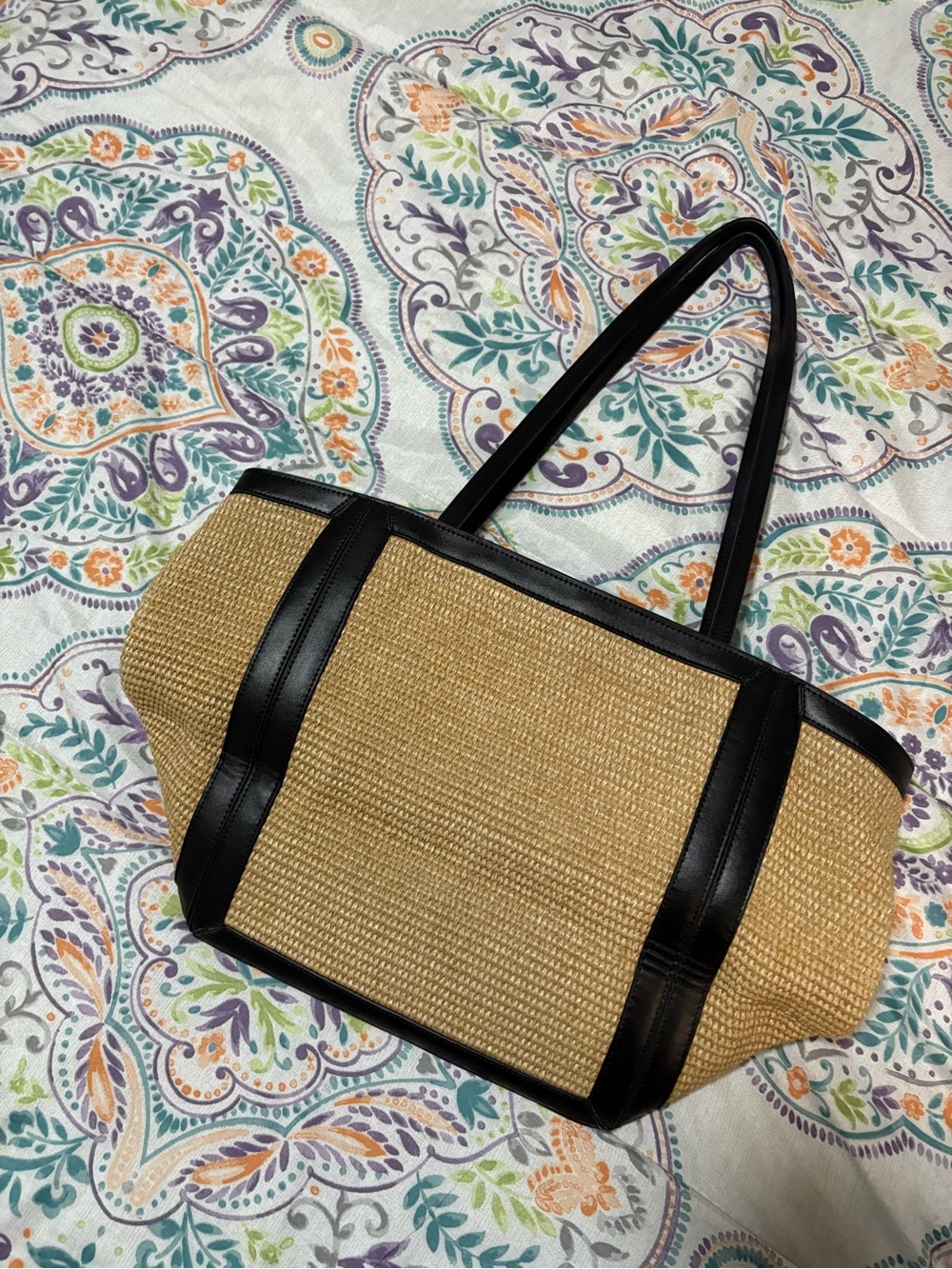 Celine Tan Straw Tote with Black Trim and Logo - Japan Thrifted - Picture 4 of 5